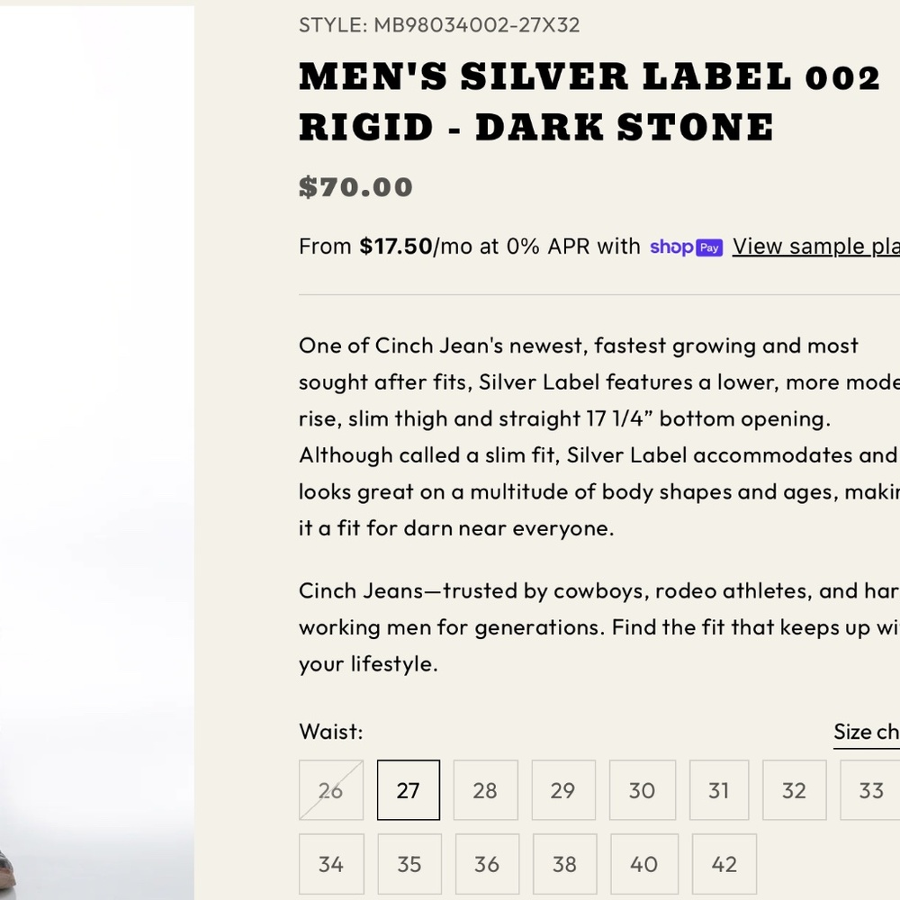 Men's silver label cinch dark stone rigid 27/38